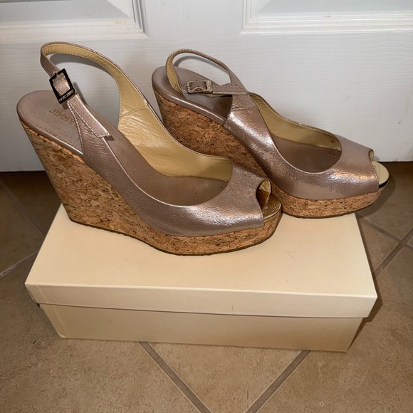 Jimmy Choo Prova Metallic Slingback Peep Toe Wedge Sandals - Picture 3 of 7